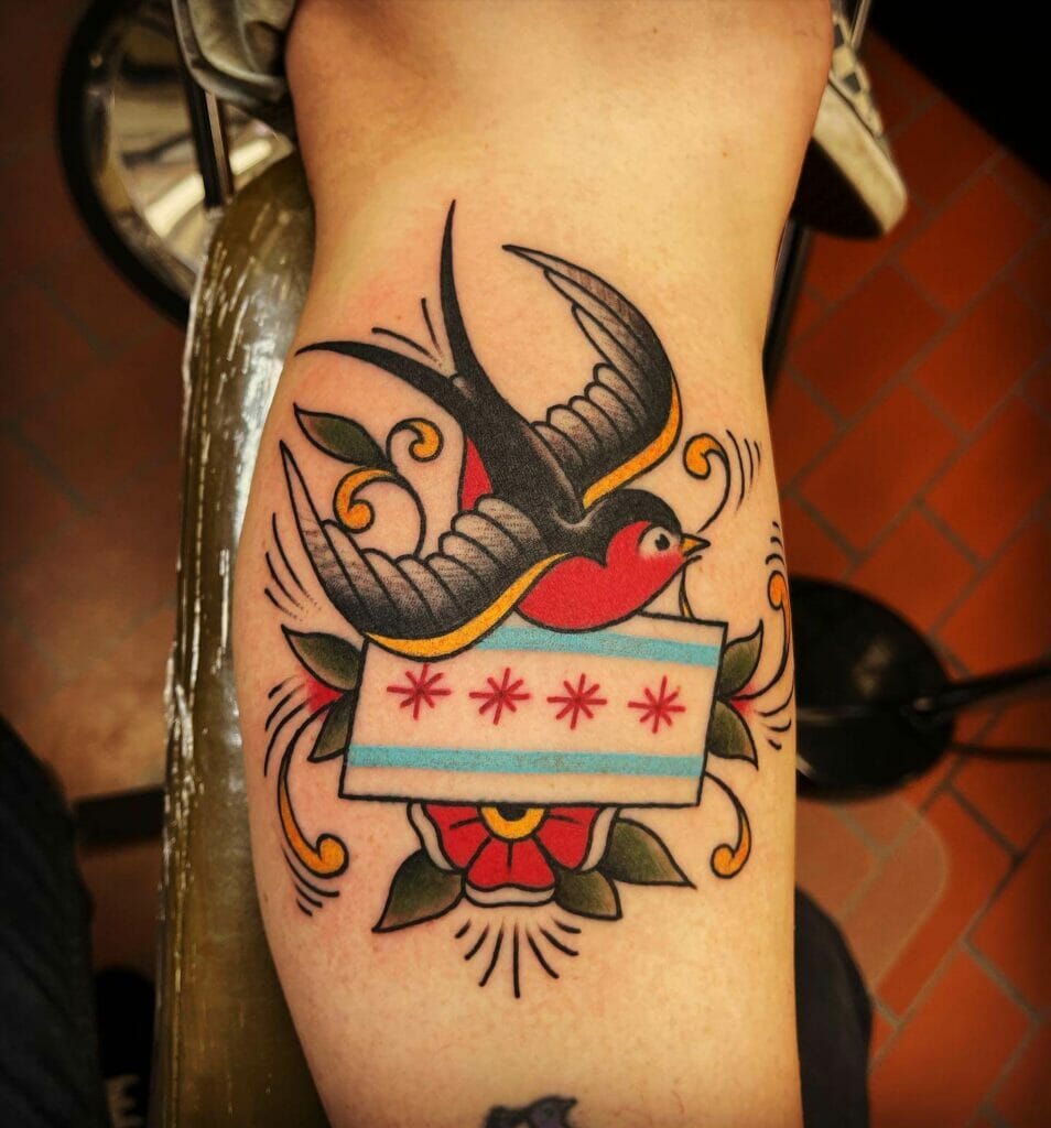 Colorful Chicago Flag Tattoo With Flying Bird