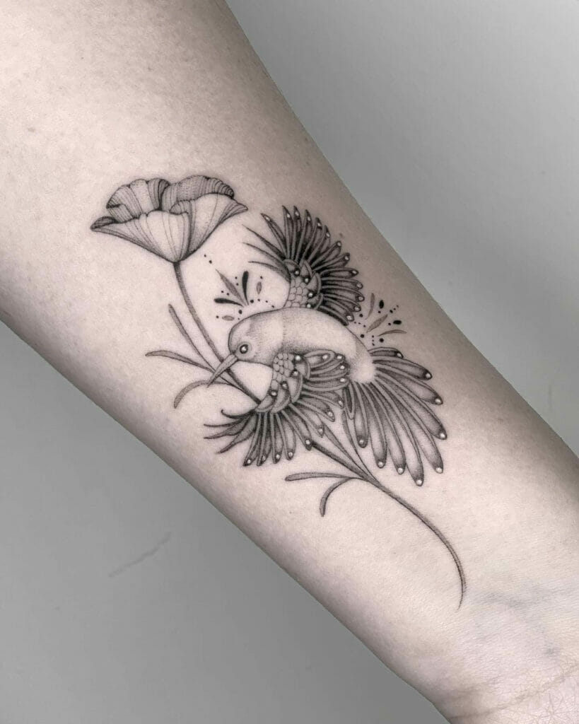 Poppy flower and Hummingbird Tattoo Design in Black Ink