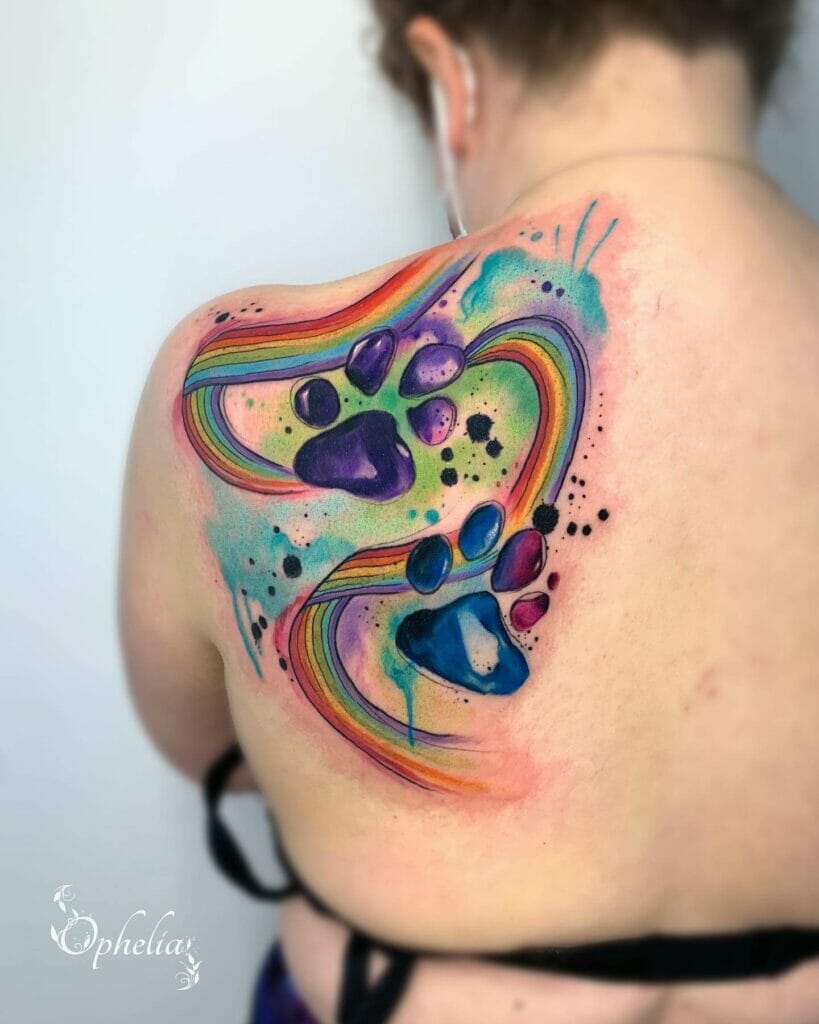 The Blue And Violet Pawprint Rainbow Bridge Tattoo