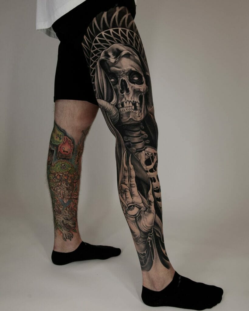 Full Leg Stencil Grim Reaper Tattoo Outline