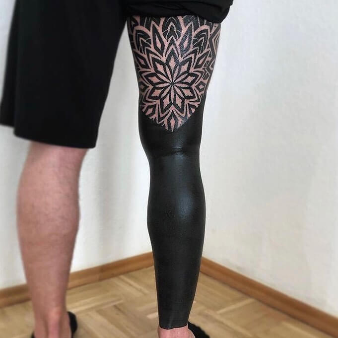 Full Leg Geometric Blackout Tattoo