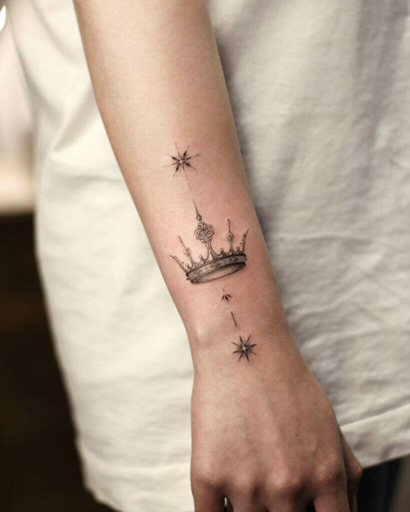 Celestial Forearm Black Ink Small Crown Tattoo