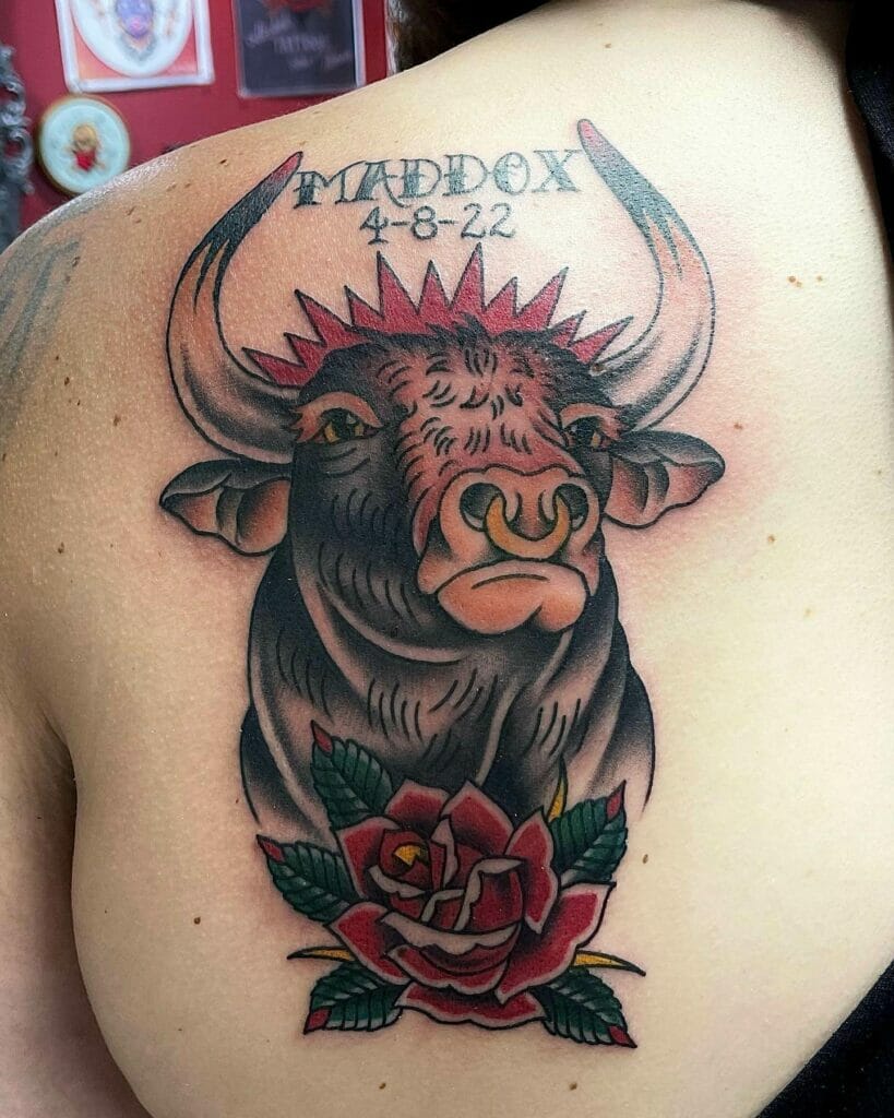 Romantic Ox holding Rose Petals Tattoo Design