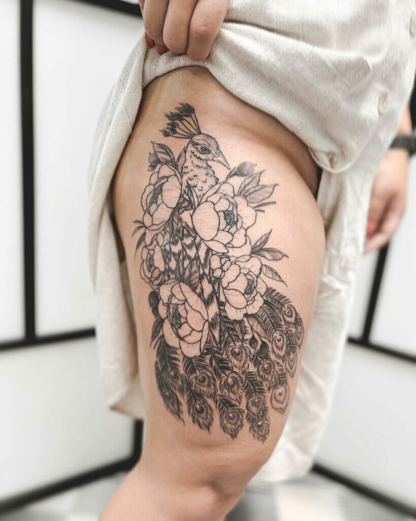 Floral Bouquet Peacock Tattoo