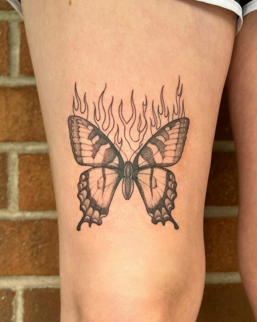 Flaming Swallowtail Butterfly Tattoo On Thigh