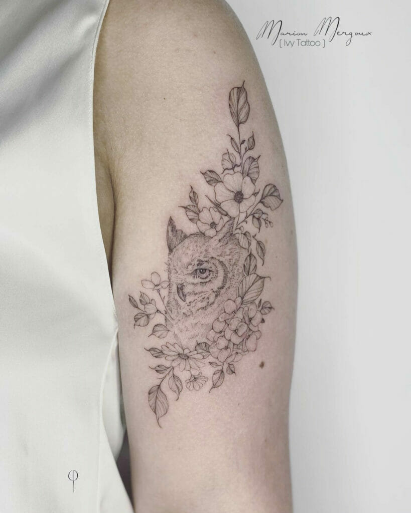 Outline Owl With Flowers Tattoo