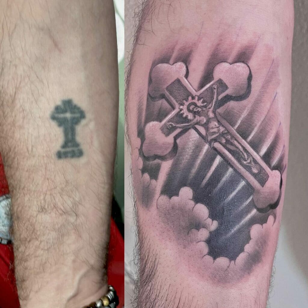 Coverup Cross Tattoo With Clouds And Christ's Figure