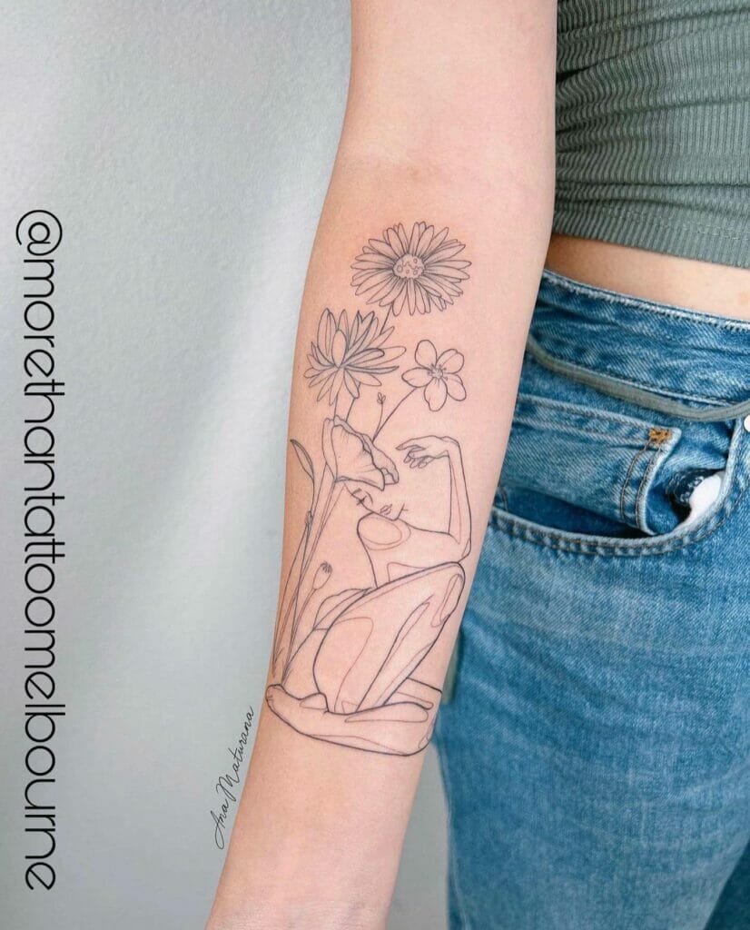 Feminine Fine Line Flower Head Tattoo