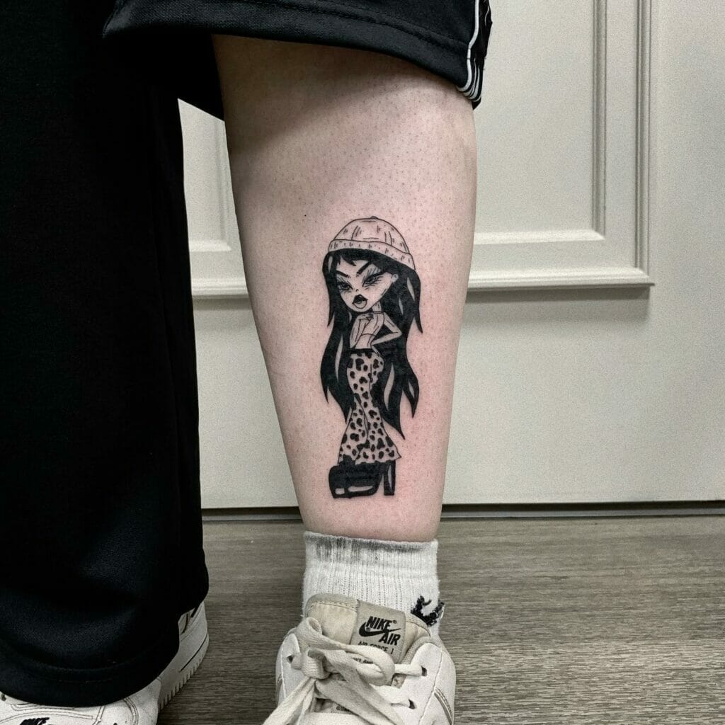 Tiny Bratz Doll Tattoo On Leg