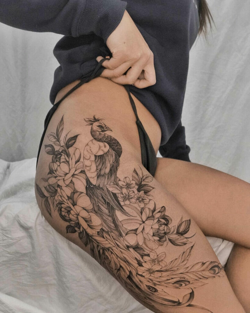 Gorgeous Thigh Peacock Tattoo