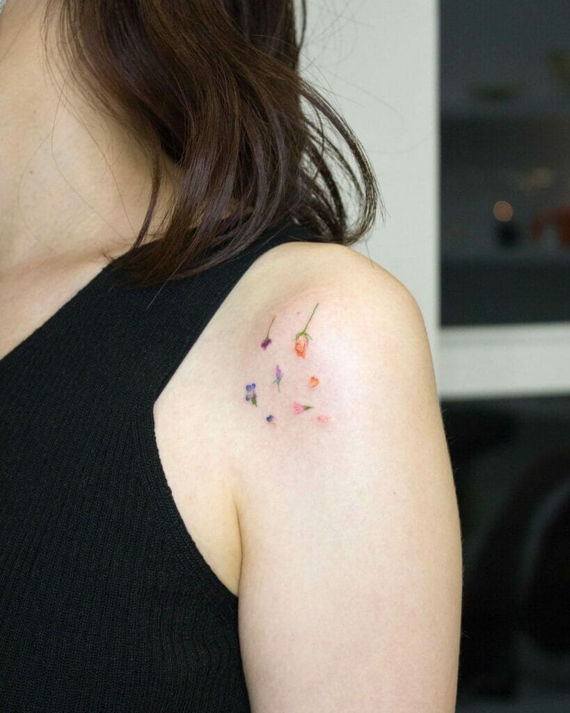 Colorful And Vibrant Mixed Flower Shoulder Tattoos