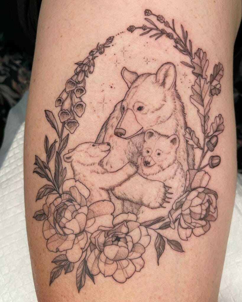 Feminine Mama Bear And Cubs Tattoo