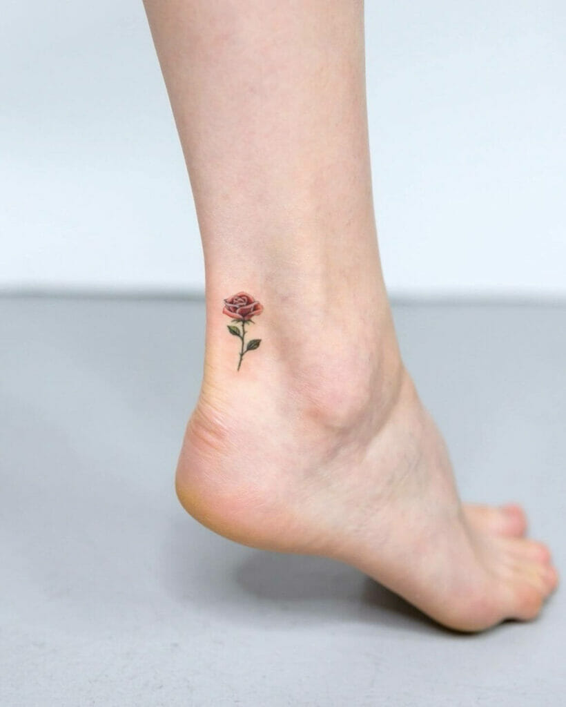 Dainty Red Rose Tattoo On Feet