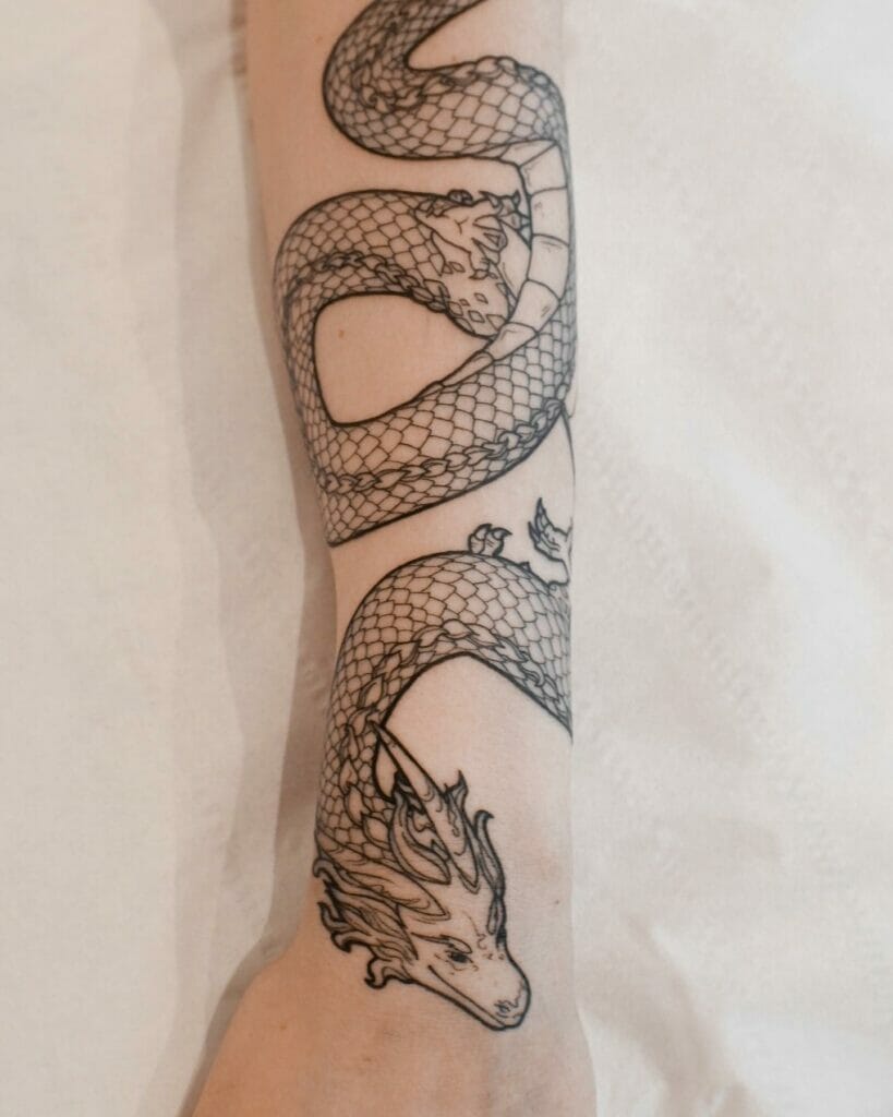 Black Ink Wrap Around Dragon Wrist Tattoo