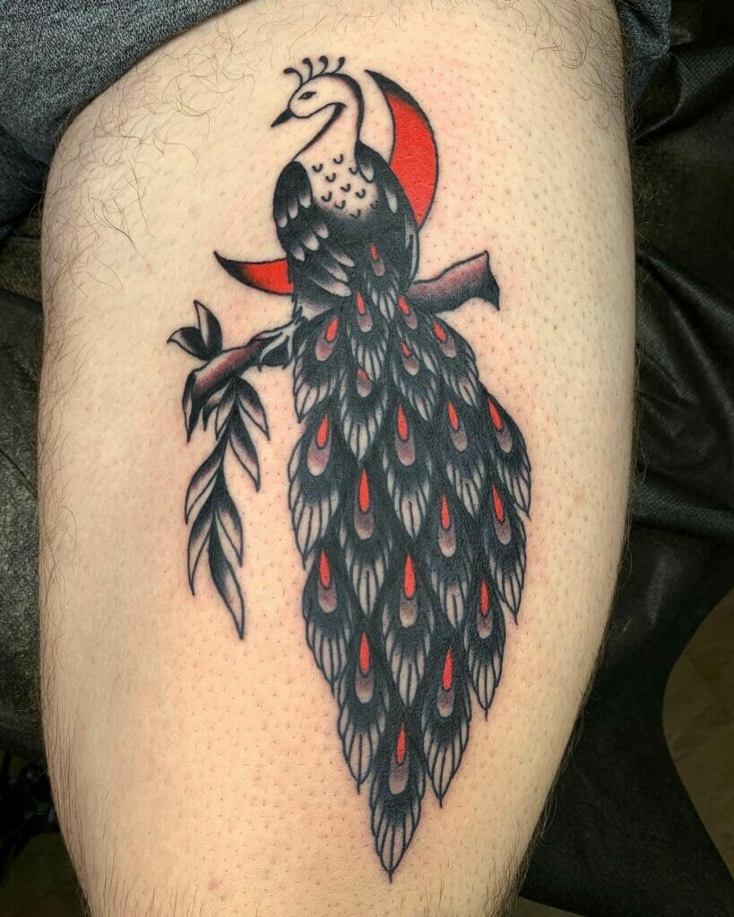 Red And Black Peacock Thigh Tattoo