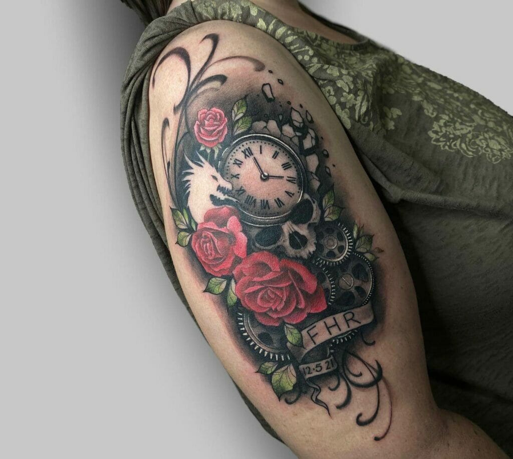 Clock And Red Rose Tattoo Ideas