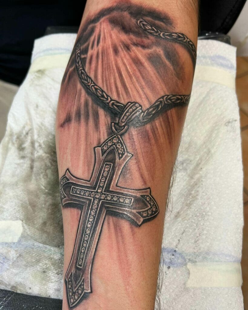 Cross Tattoo With Clouds And Sun Rays