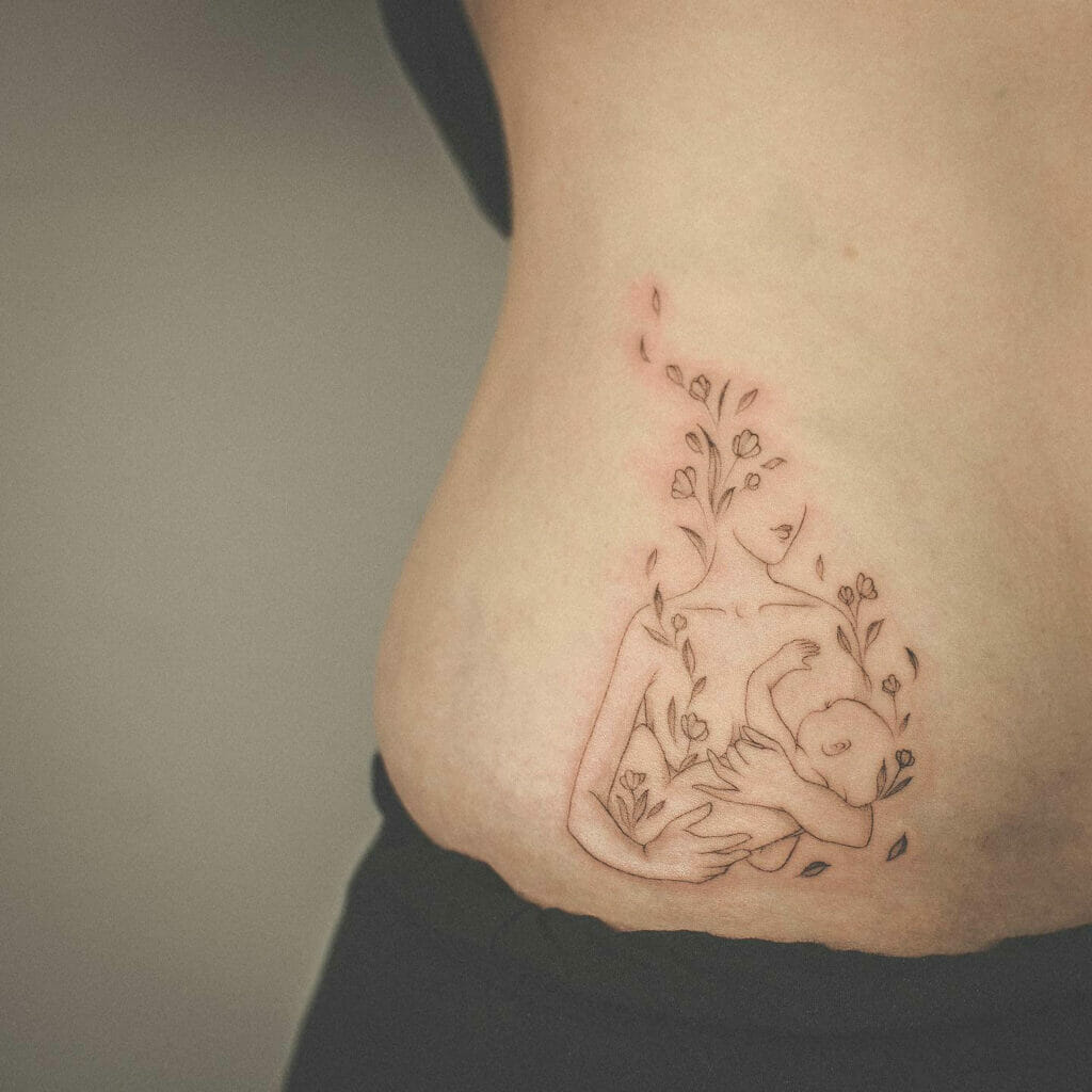 Motherhood Mom And Baby Tattoo With Flower Motifs