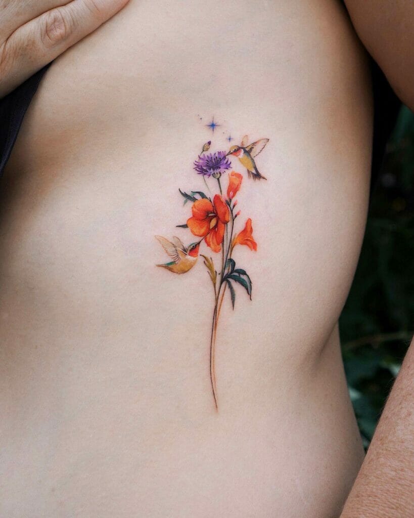 Simple Hummingbird Outline Tattoo With Wild Flowers