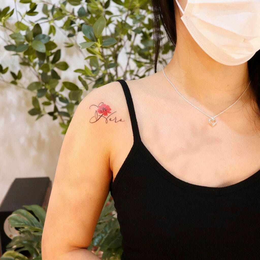 Oleander Flower Shoulder Tattoo With Words