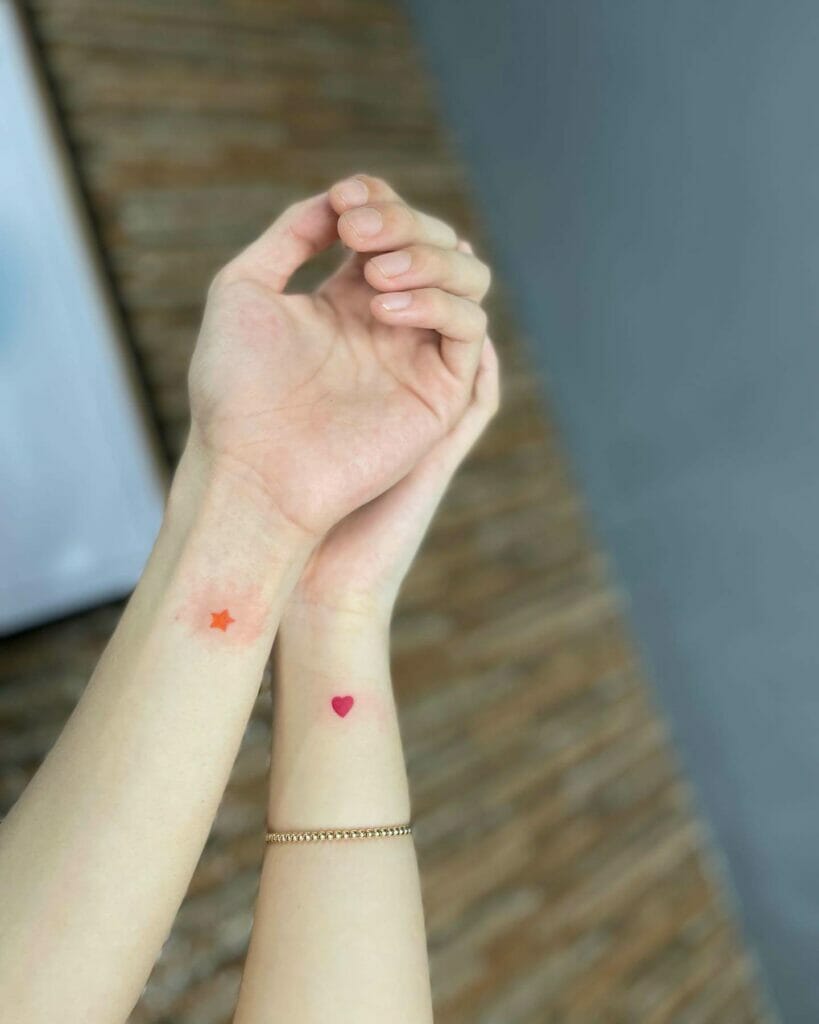 Star And Heart Couples Tattoo On Wrist Ideas