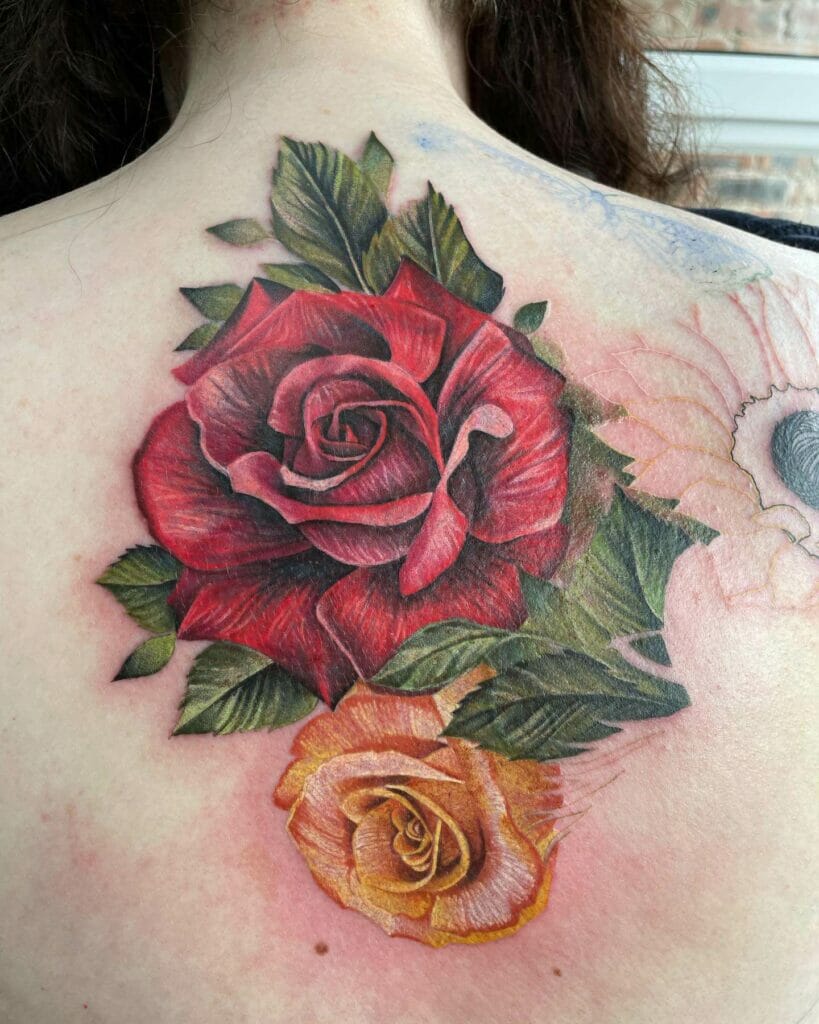 Small Red Rose Tattoo With A Yellow Rose Tattoo