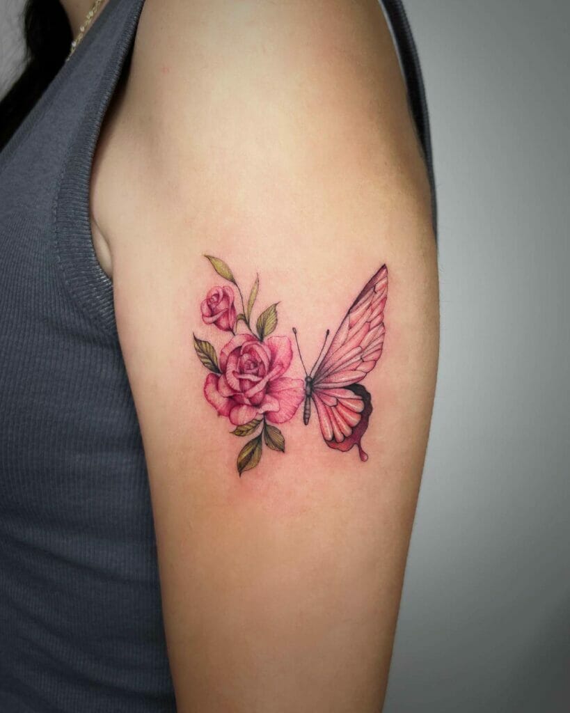 Half Red Rose Tattoo Designs With A Butterfly