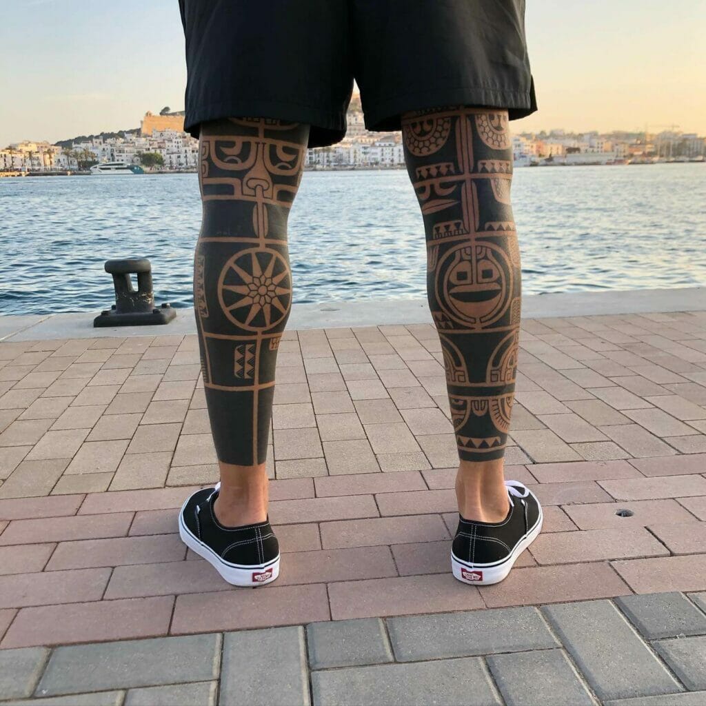 Black And Black Tattoos On Leg Indian Style