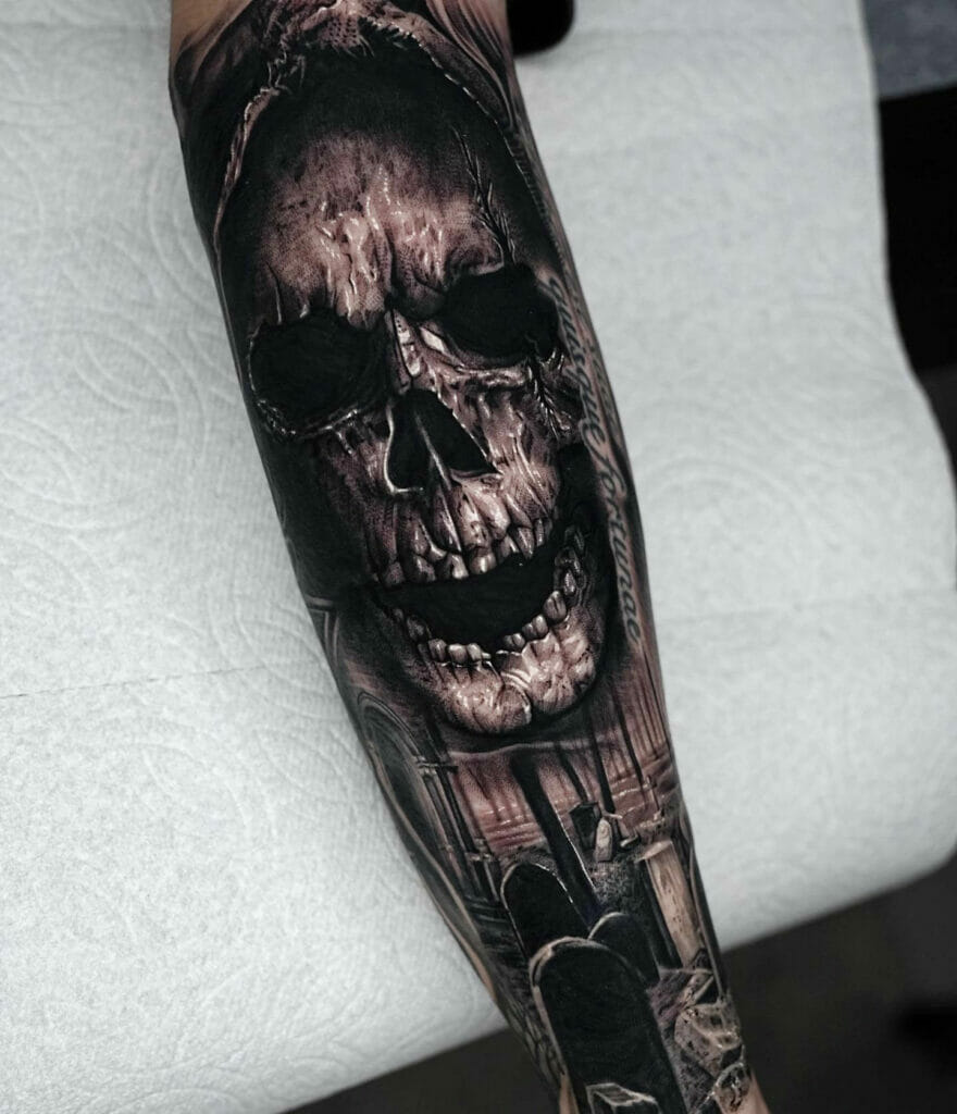 Black Skull With Text Forearm Tattoo