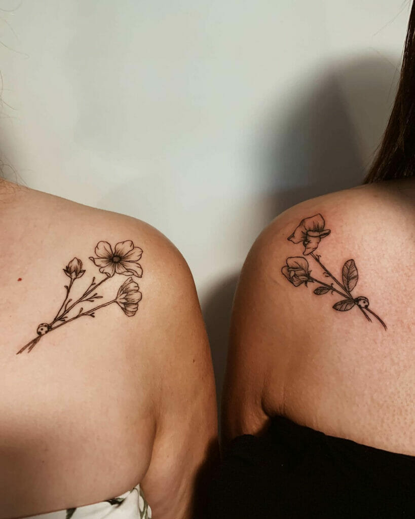 Black Fine Shoulder Sweet Pea Flower Tattoos