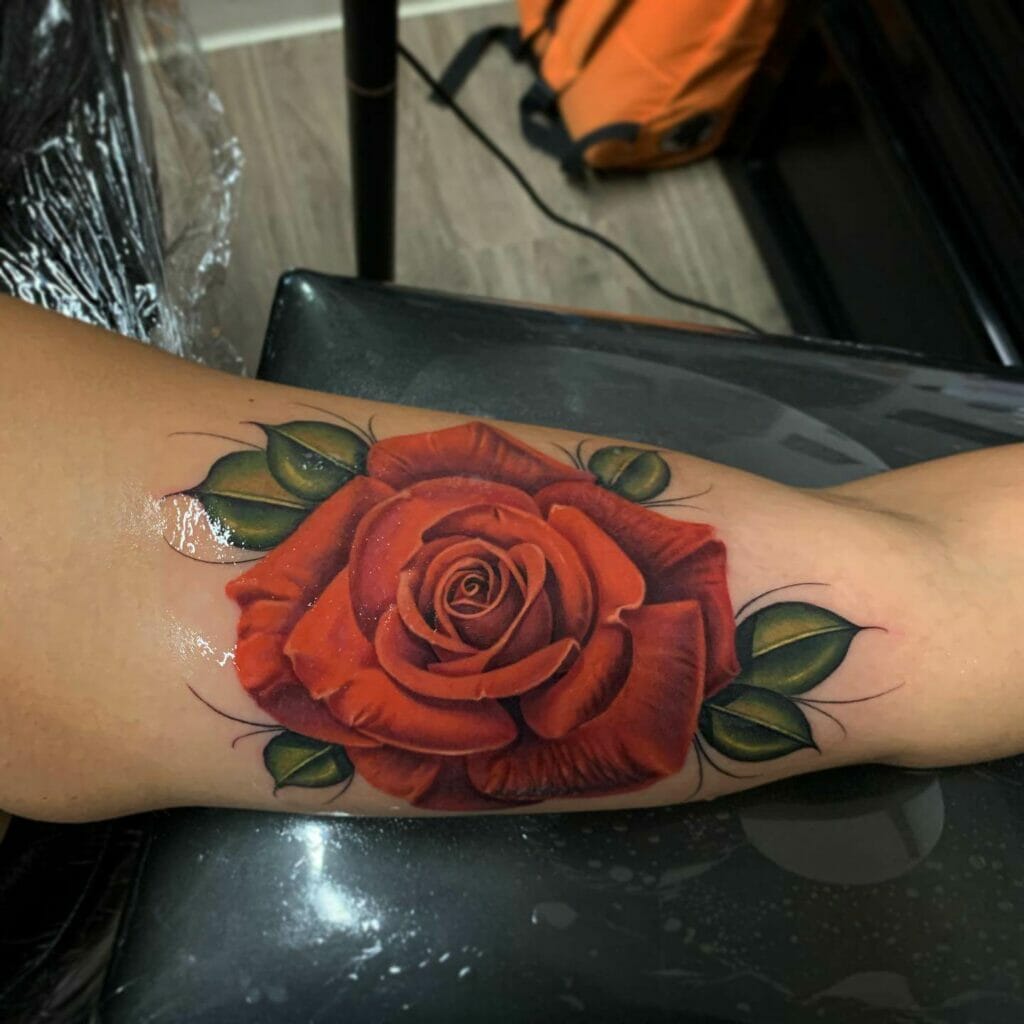 Detailed Red Rose Tattoos For Men On Forearm