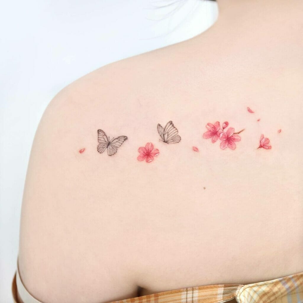 Enchanting Plum Flower Shoulder Tattoos With Butterflies