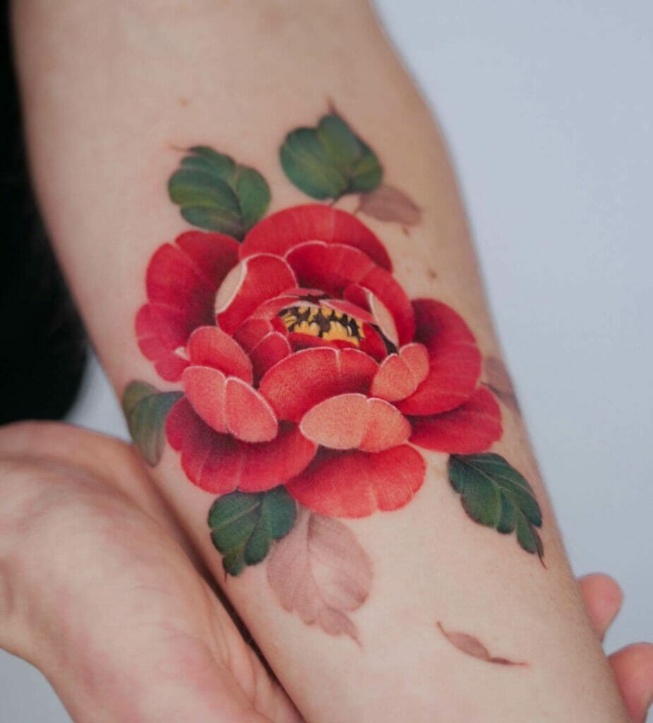 Gorgeous Red Color Delicate Japanese Flower Tattoo