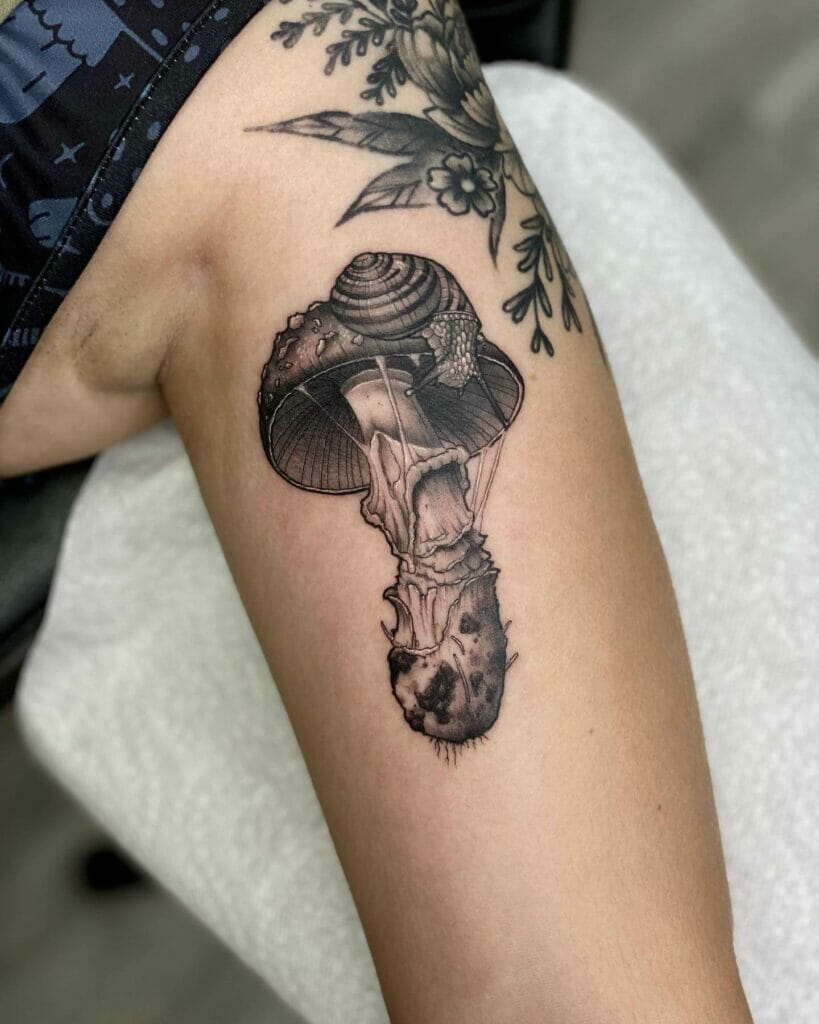 Black And Grey Tattoos Of Snails And Mushrooms