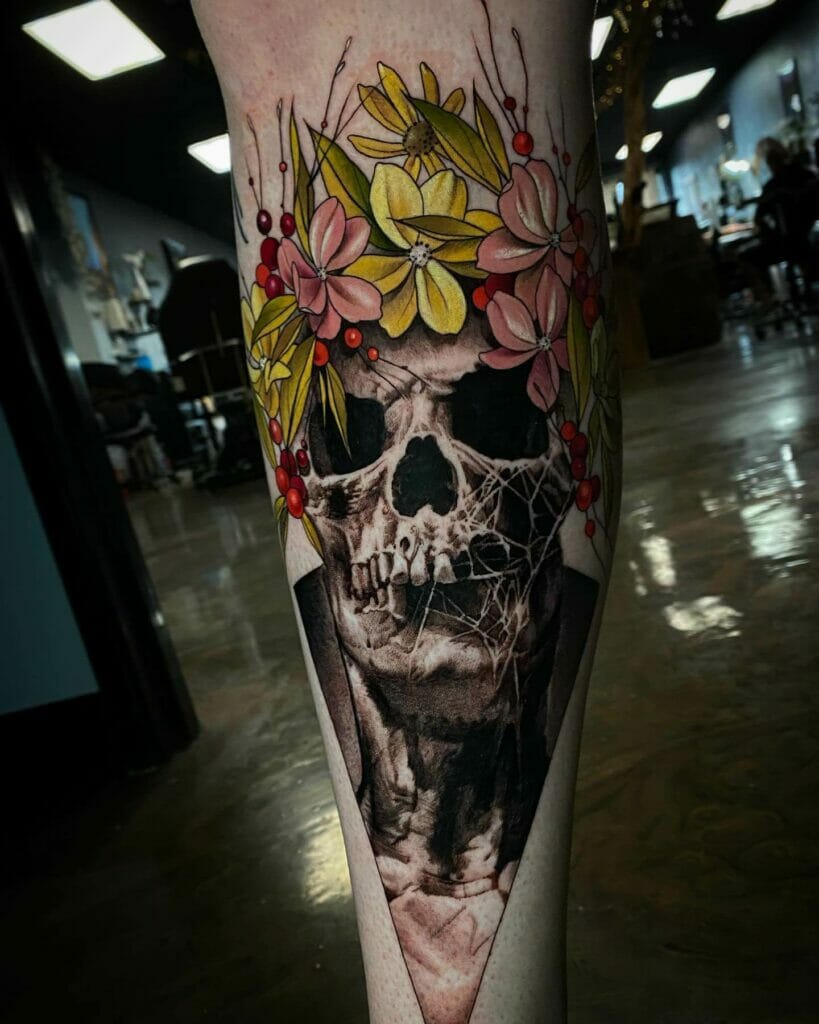 Black Skull Tattoo With Flowers