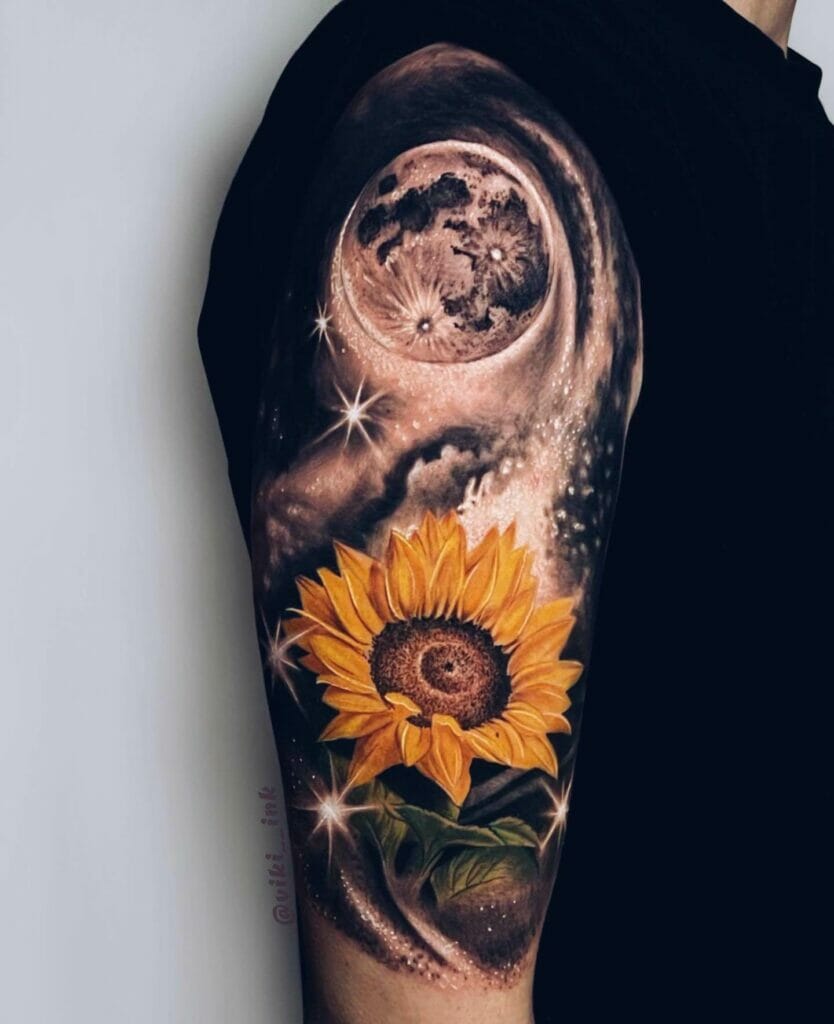 Realistic Black And Grey Tattoo With A Sunflower