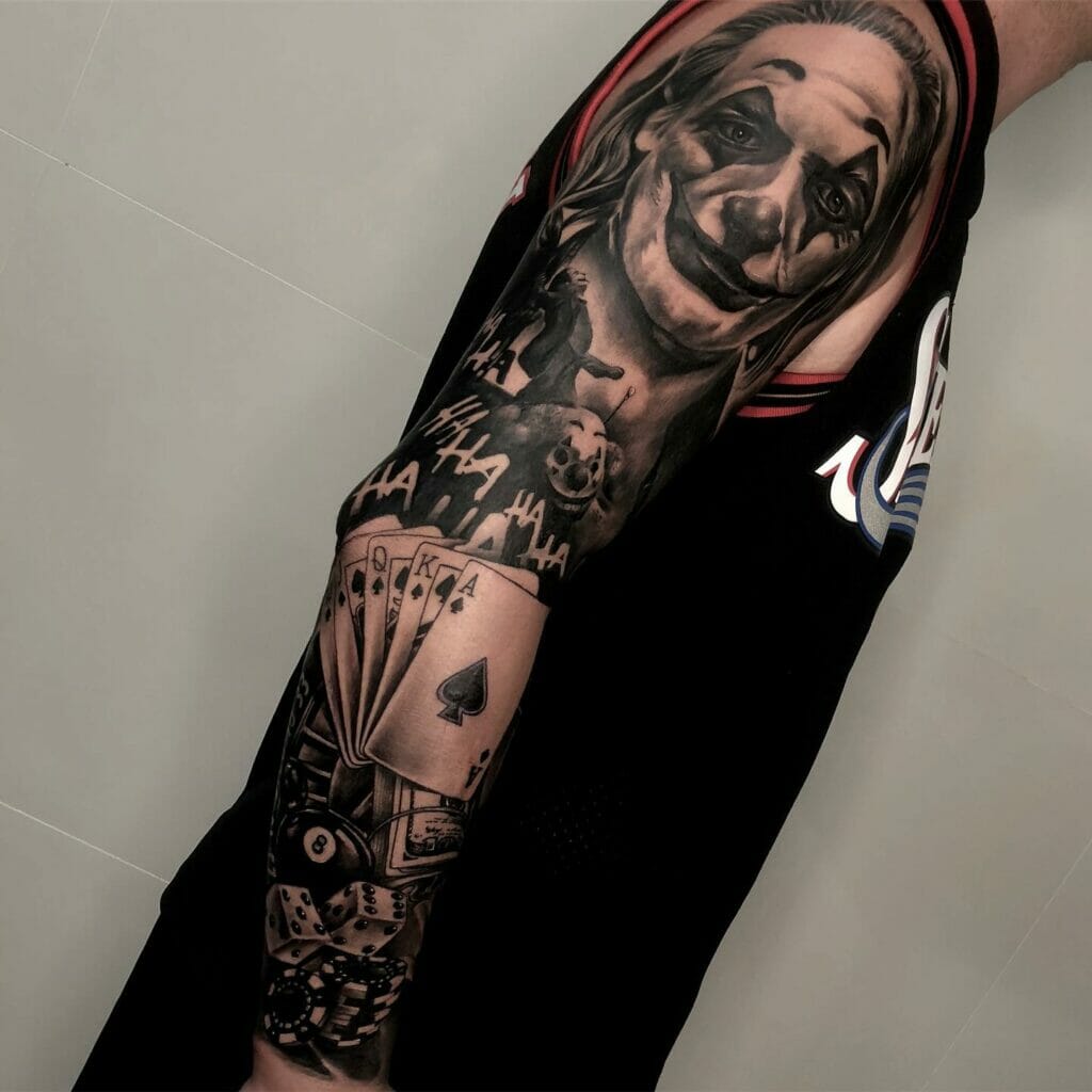 Black and Grey Full Sleeve Joker Smile Tattoo