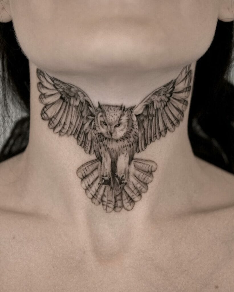Detailed Owl Cover-up Tattoo On Neck