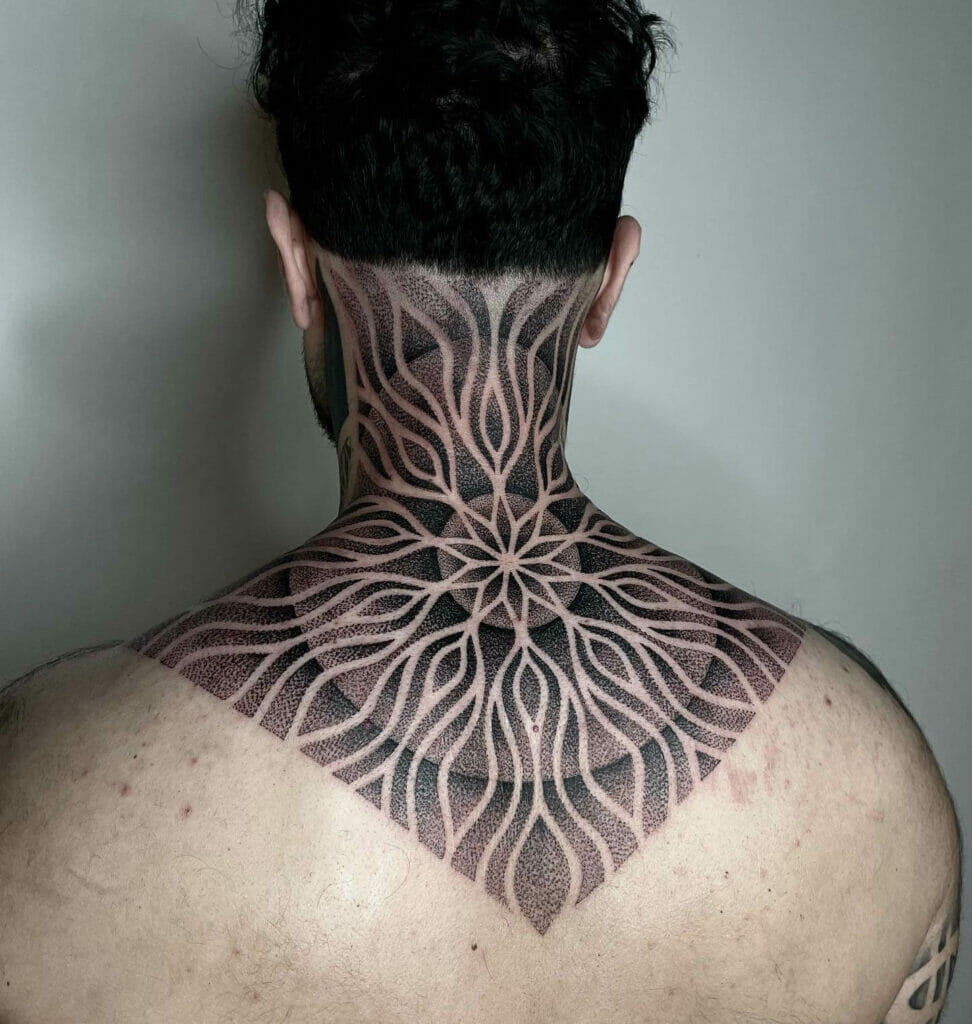Gorgeous Dot Mandala Art Behind The Neck Tattoo