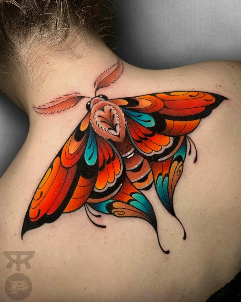 Colorful Moth Behind The Neck Tattoo