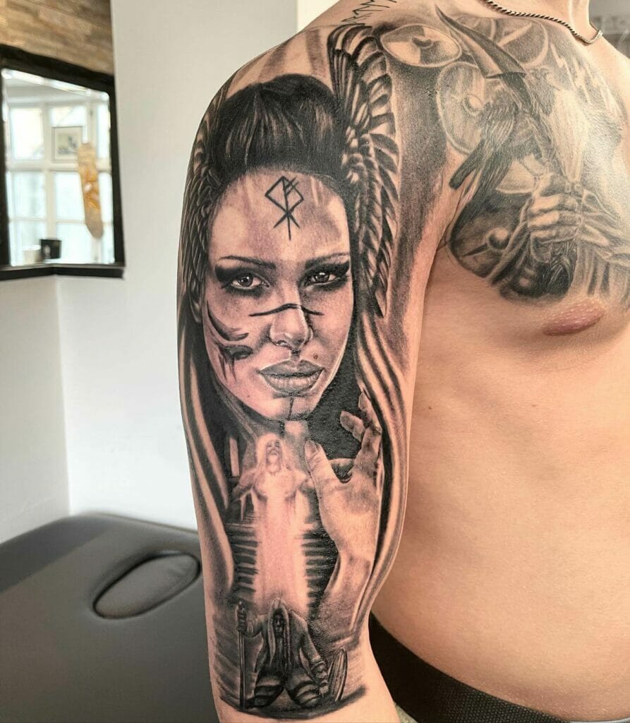 Amazing Valkyrie Tattoo with Norse Symbols