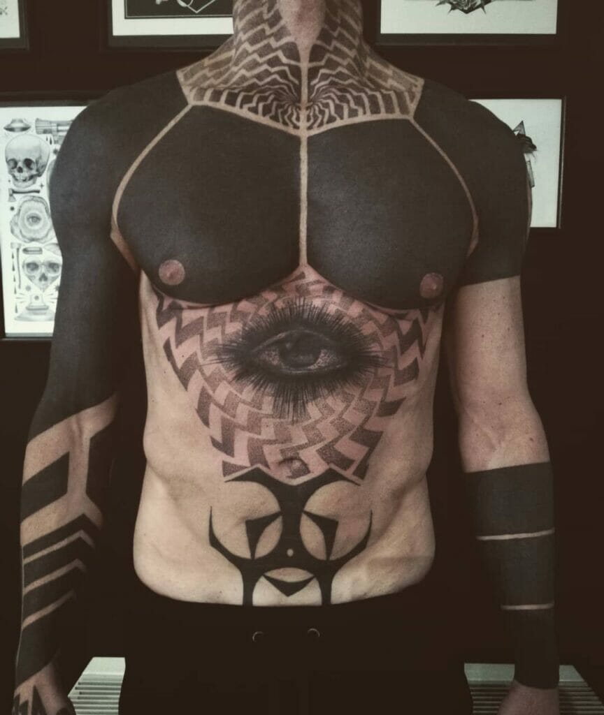Geometric Blackout Tattoo With A Realistic Eye And A Biohazard Symbol