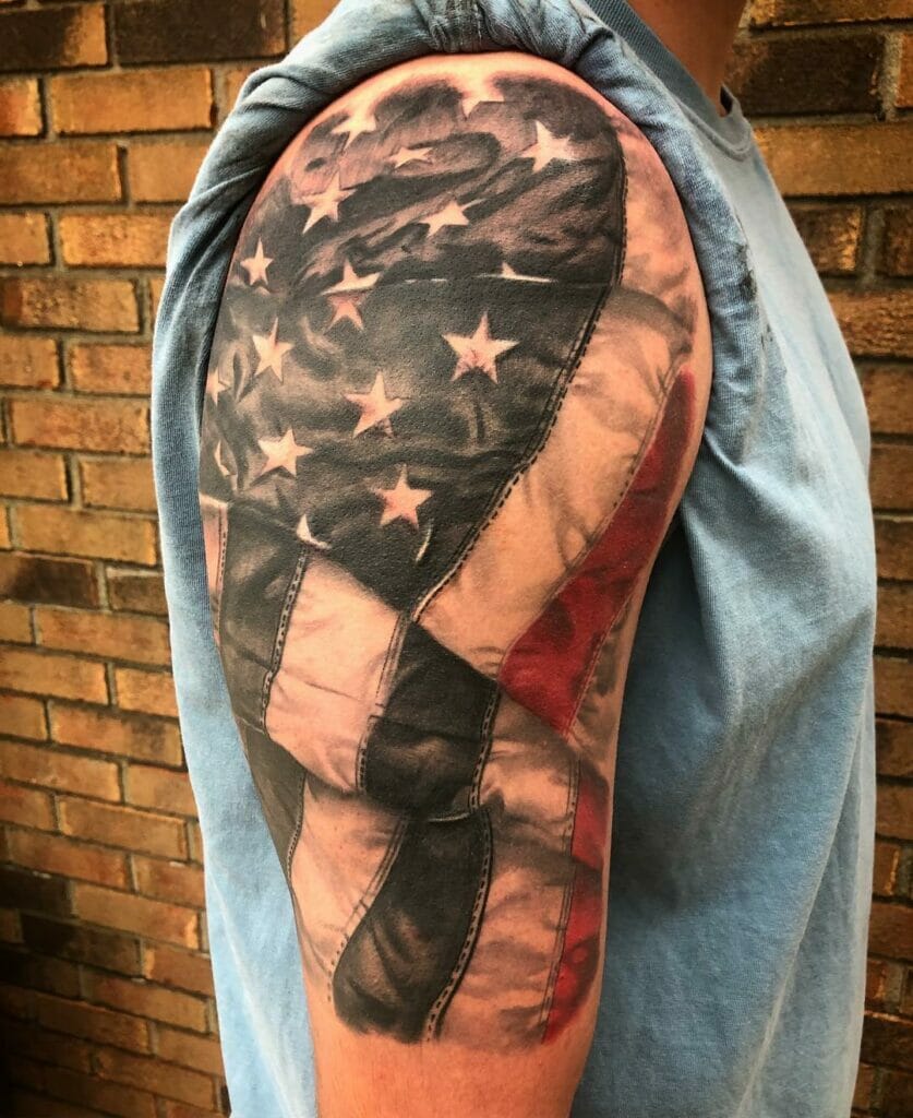 Red Line Firefighter Tattoo With American Flag