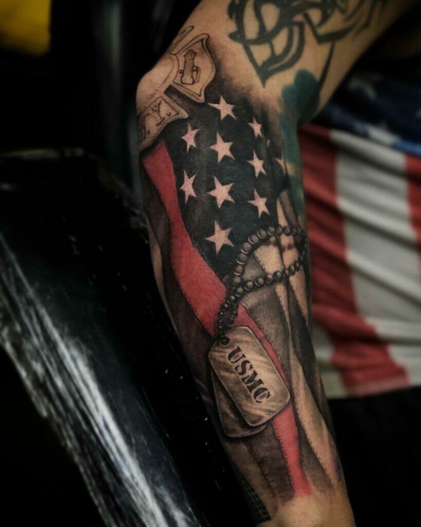 Red Line Flag With Dog Tag Tattoo