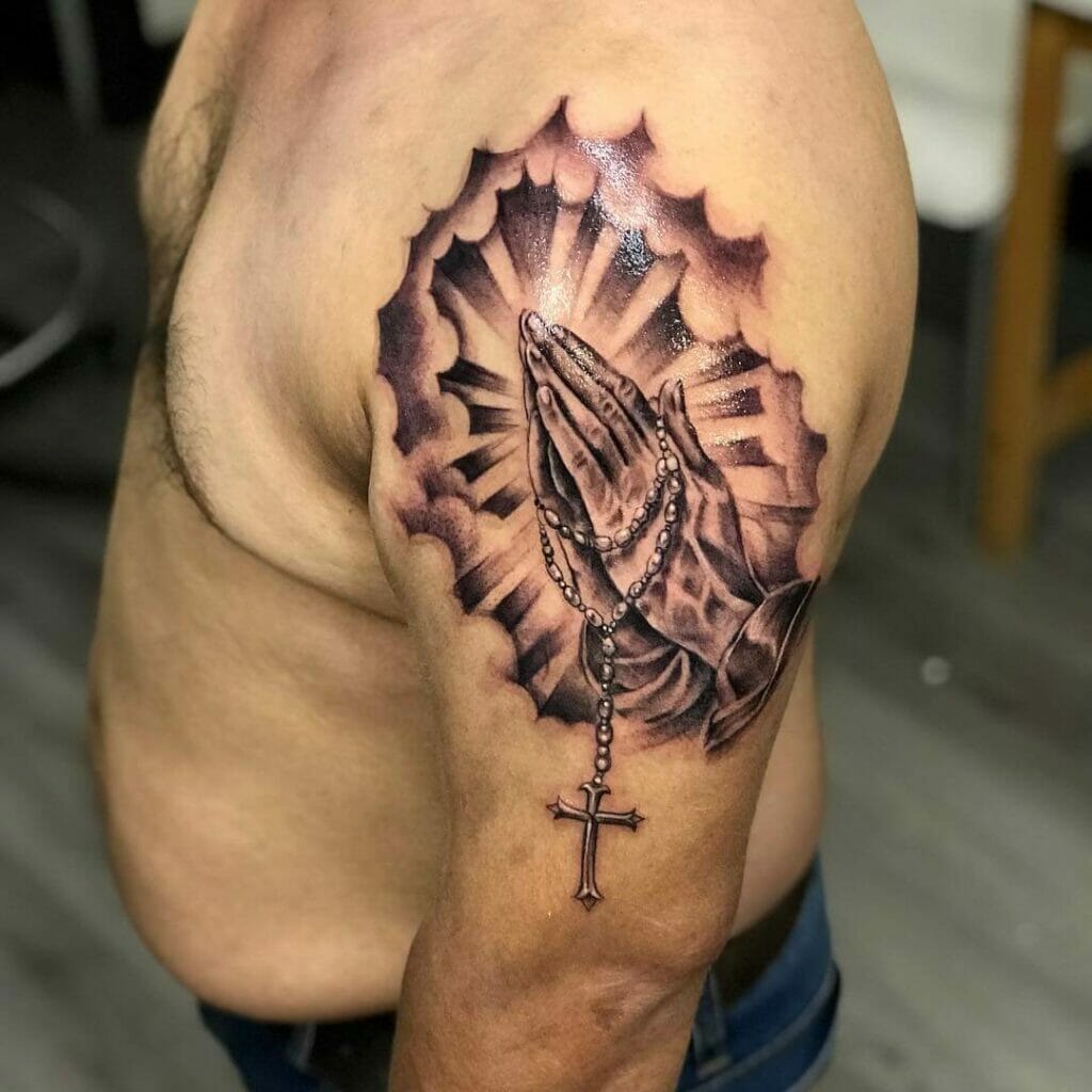 Cross With Clouds And Praying Hands Tattoo Design