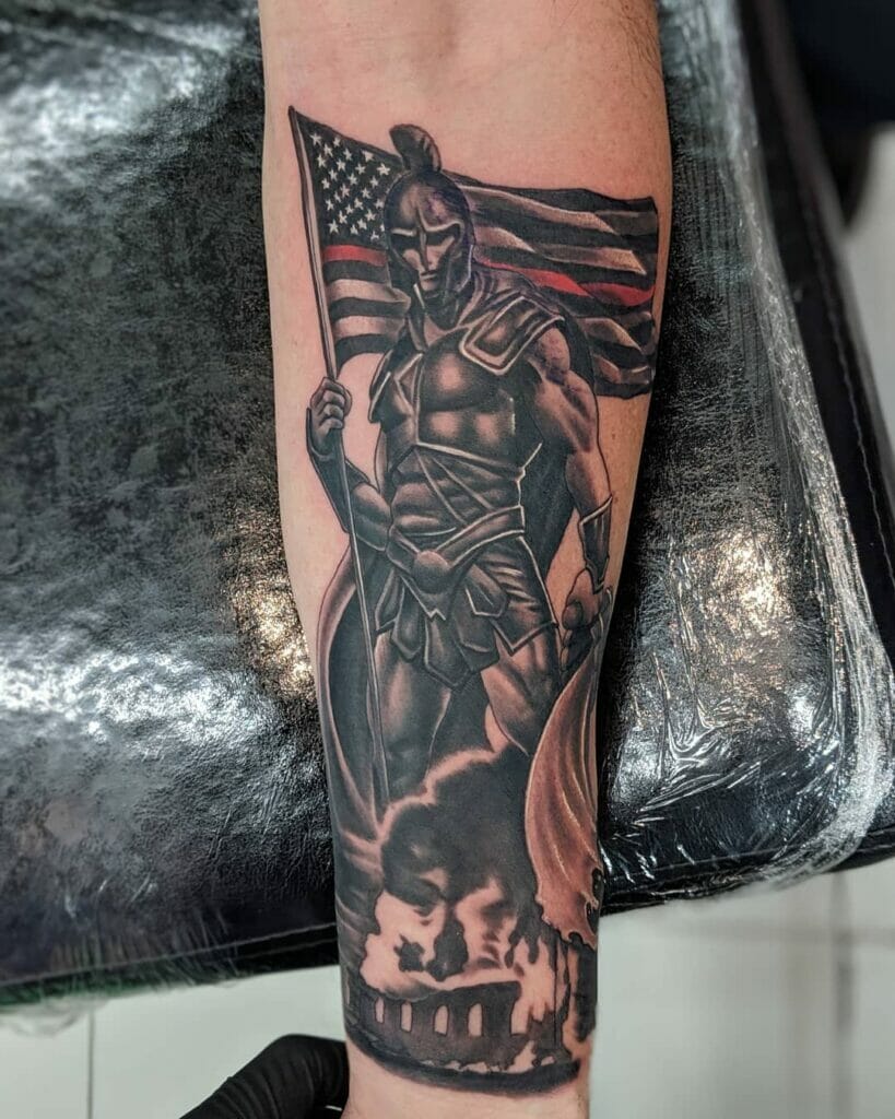 Thin Red Line And Warrior Tattoo