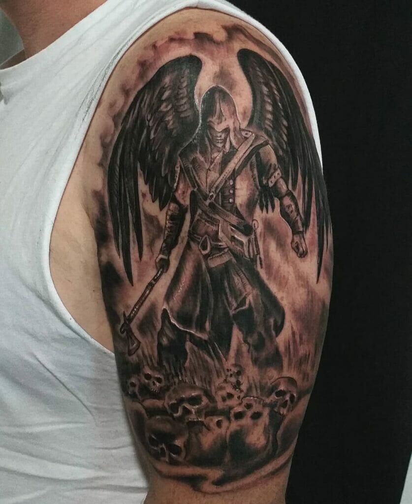 Warrior Angel Tattoo on Arms and Shoulders
