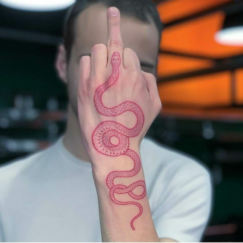 Vibrant And Red Striped Finger Snake Tattoo Design