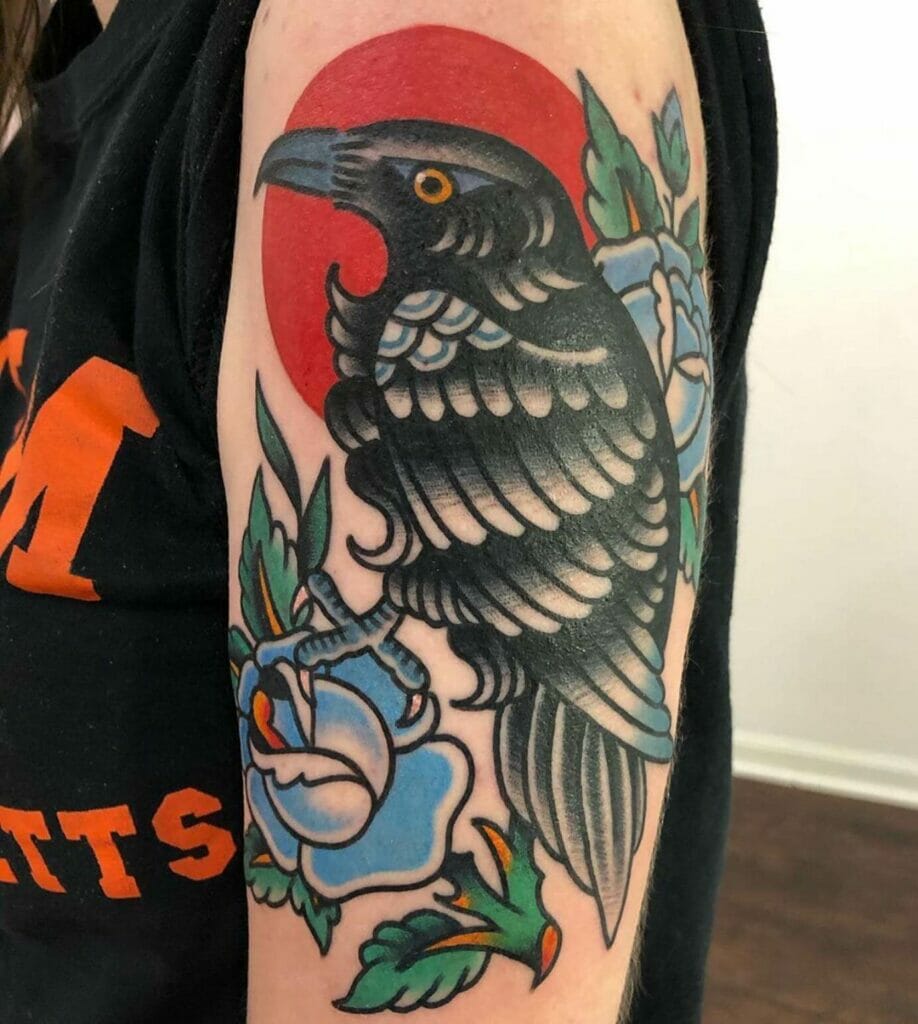 Colored Nest Crow Tattoo