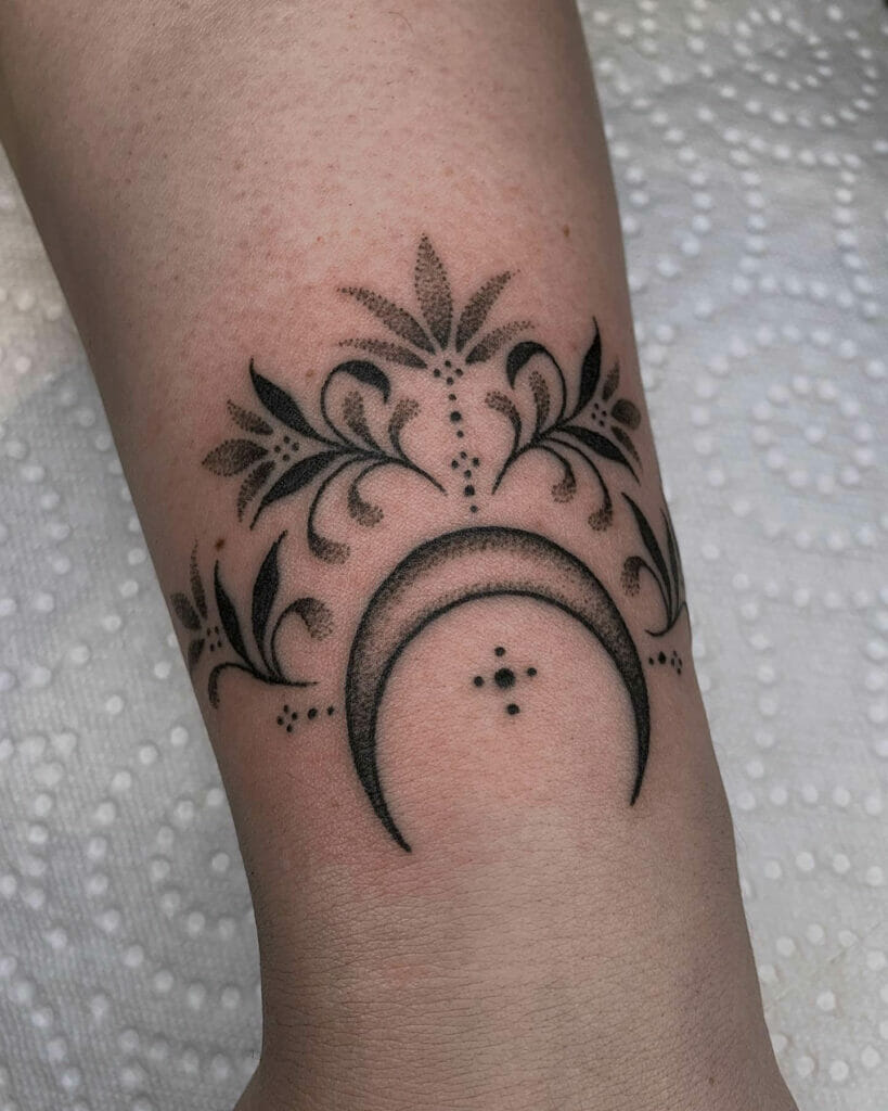Flowery Crescent Moon Cover Tattoo